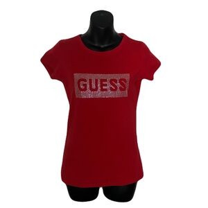 Guess Women's Red Short Sleeve Tee with rhinestones